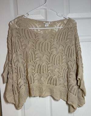 Clover + Scout Cream Open Knit Hollow Out Batwing Sleeve Cropped Sweater